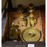 A pair of cast brass candlesticks, 21 cm high, two ladles, a chamberstick, and a candle holder (6)