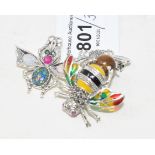 Three bug shaped silver and gem set brooches (3) Modern