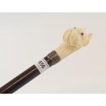 A walking cane, the carved ivory handle in the form of a bulldog head, with glass eyes, 96 cm
