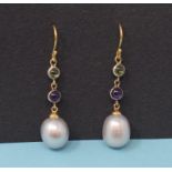 A pair of 9ct gold, peridot and amethyst pearl drop earrings Modern