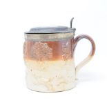 A 19th century salt glazed tankard, with a plated cover, probably Mortlake or Fulham, 17 cm high