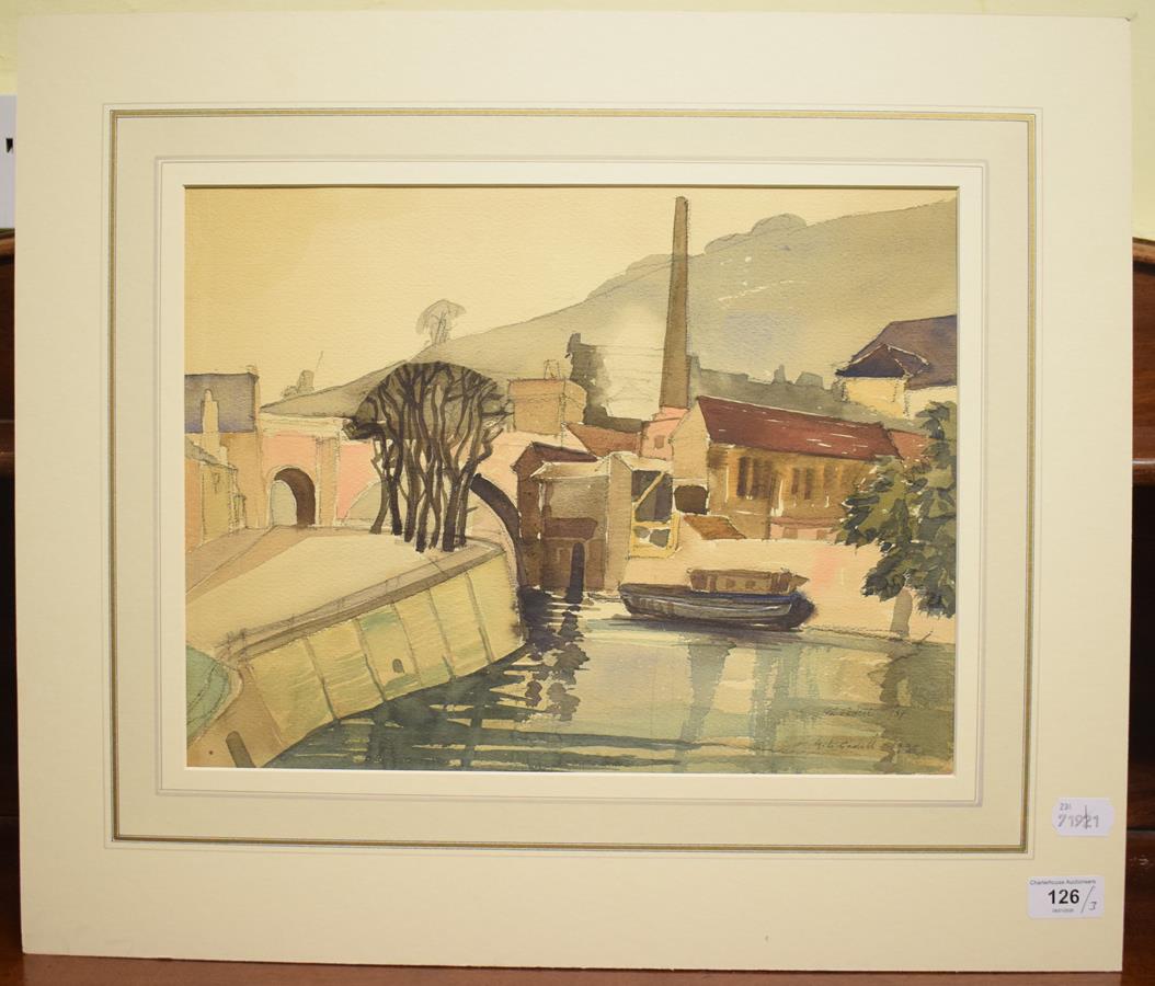 Gilbert Laurie Cadell (1909-1993), a canal by a town, watercolour, signed and dated 1936 and 1939,