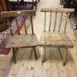 A 19th century child's ash and elm stickback low chair, and another similar (2)