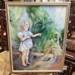 Marialuisa Marino, a portrait of a young girl in a garden, a butterfly resting on her finger, oil on