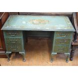 A kneehole desk, with floral painted decoration on a turquoise ground, 107 cm wide