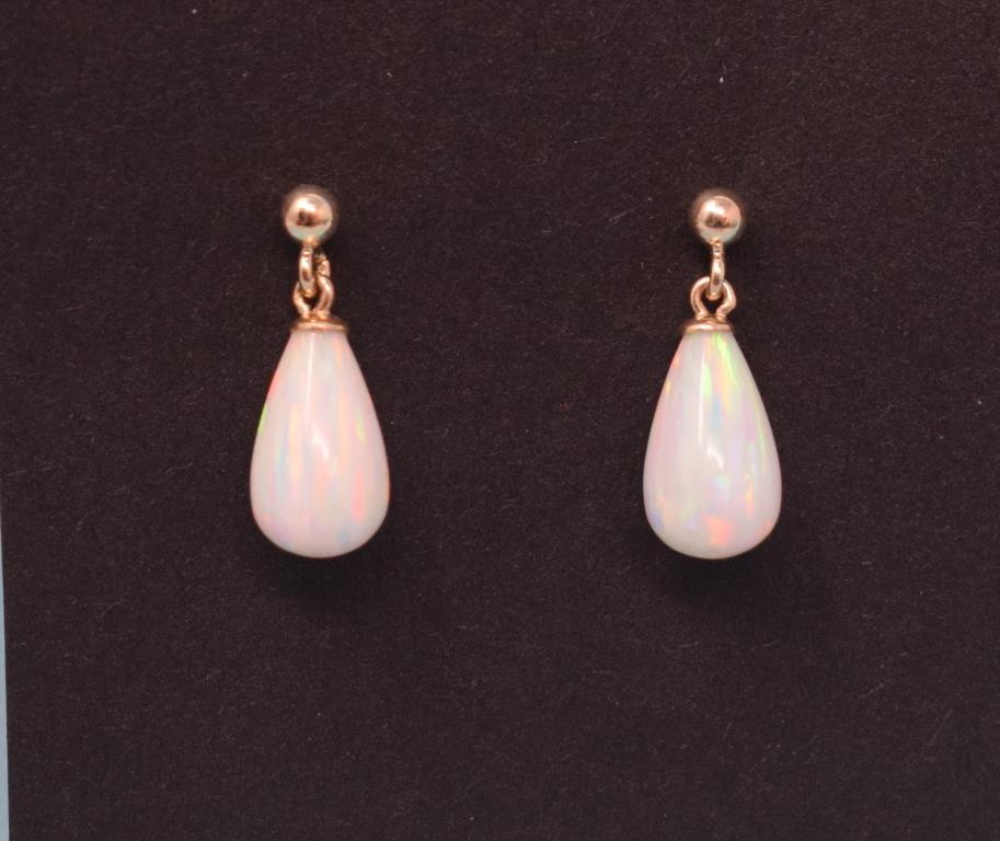 A pair of 9ct gold and opal drop earrings Modern