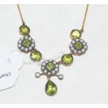 A Victorian style necklace, set seed pearls, peridots and diamonds