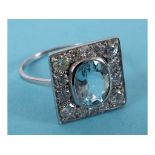 An Art Deco style 18ct white gold, aquamarine and diamond ring, approx. ring size M½ See inside