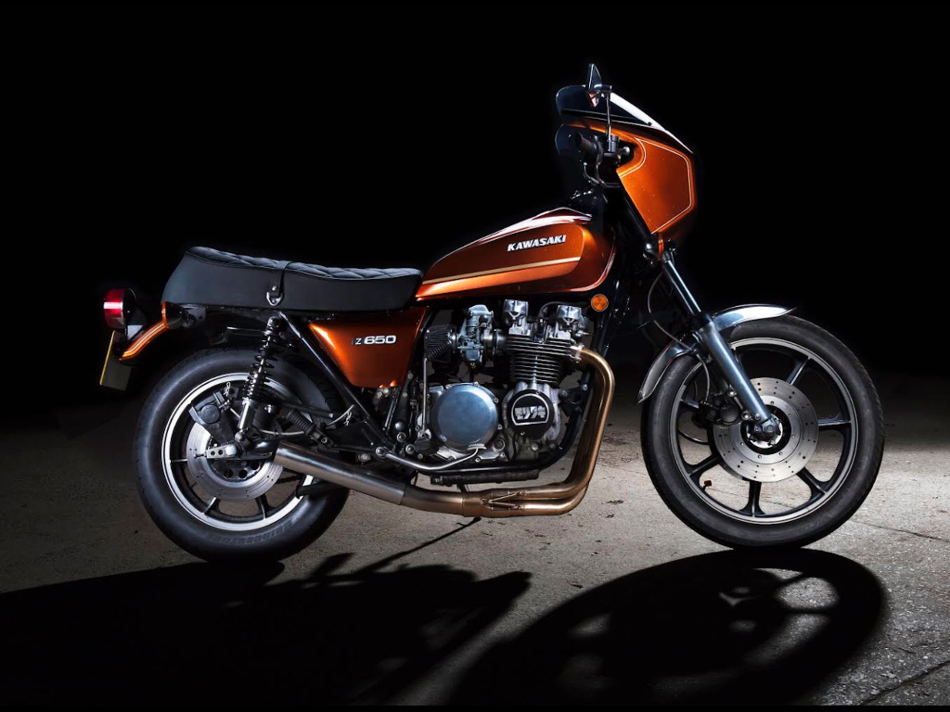 A 1977 Kawasaki Z650R, registration number TNT 306R. Restored to a high standard. Z1 style fuel tank