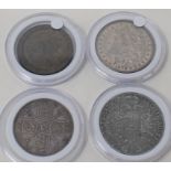 A double florin, 1887, a cartwheel penny, 1797, a USA $1 1879, and a Thaler, 1754 (4)