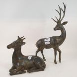 A pair of 20th century bronze figures of stag and a doe, the stag 39 cm high