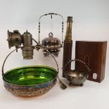 A 19th century three draw brass telescope, inscribed MJ Dight, Exeter, a WMF plated bowl, with a