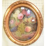 A reverse painting on glass, fruit and flowers, 44 x 36 cm, oval, and another similar, 36 x 44 cm,