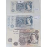 A Bank of England £10 banknote, C34 558442, Paige, another similar, and four £5 banknotes (6)