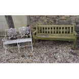 An aluminium garden bench, a wooden garden bench, and another garden bench with a matching chair (4)