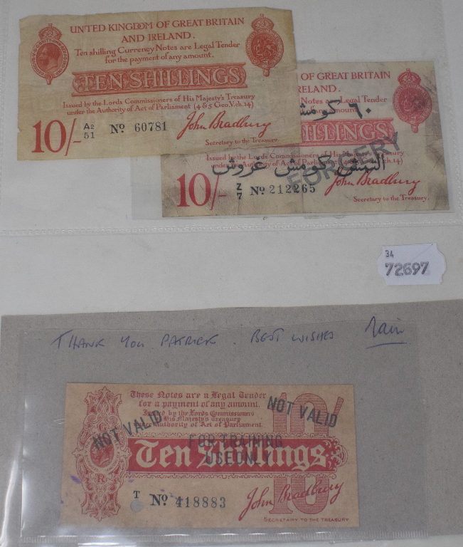 A 10 shilling banknote, A2 51 No. 60781, Bradbury, another stamped FORGERY, and another, stamped NOT