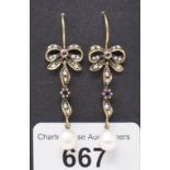 A pair of 9ct gold, amethyst and pearl bow top earrings