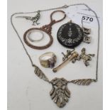 A late Victorian inlaid oval locket, and other jewellery