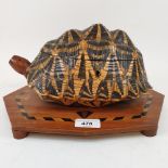 An Indian box, in the form of a tortoise, the hinged lid revealing an inlaid interior, on a