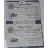 A Bank of England white £5 banknote, T91 039017, 17th February 1951, and two others, A392 69712,