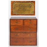 A Victorian oak and teak campaign chest, in two parts, having two short and three long drawers,