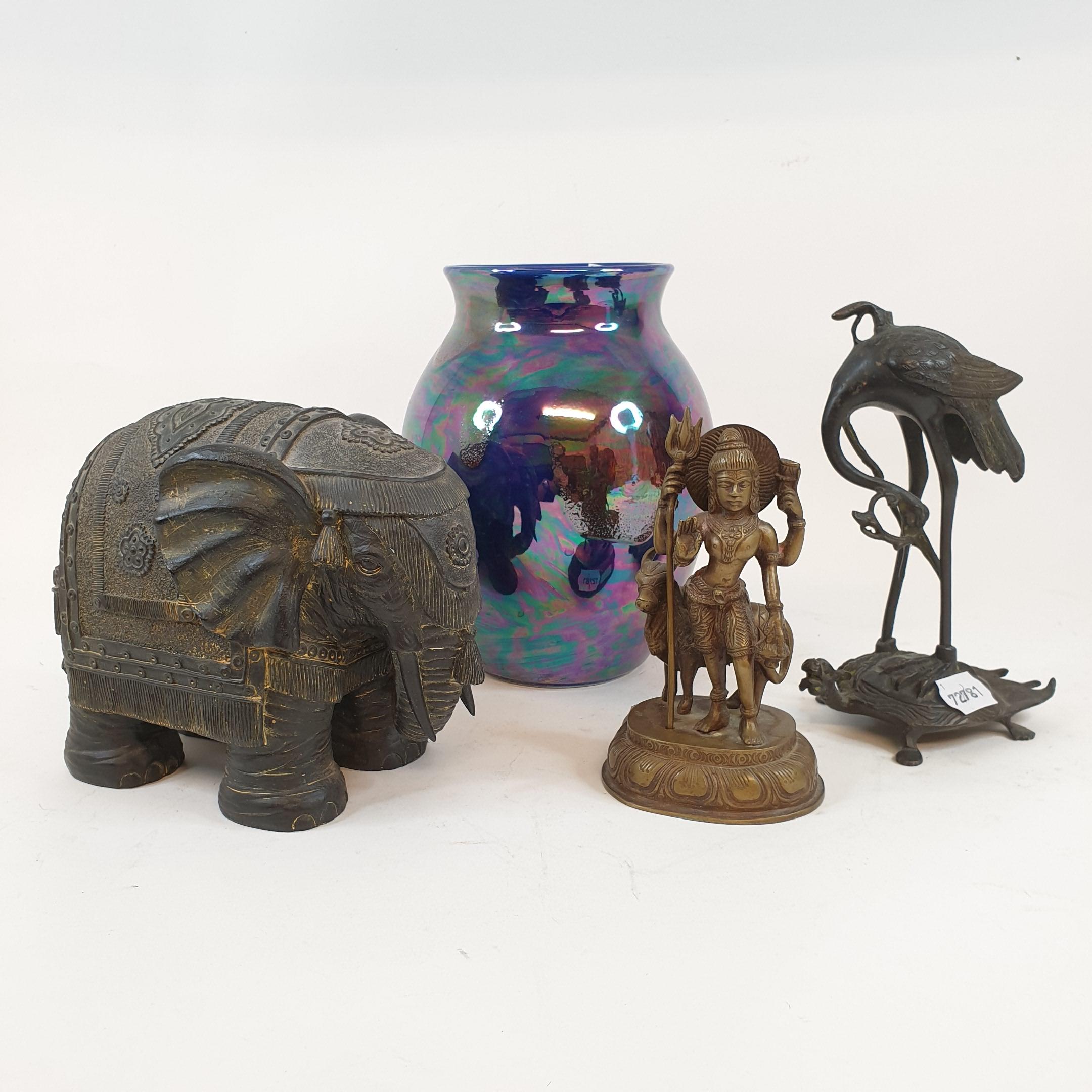 Assorted Indian textiles, a Japanese bronze crane on a turtle, incomplete, a Poole Pottery vase, and