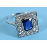 An 18ct white gold Art Deco style sapphire and diamond square ring, the sapphire approx. 1.15ct, the