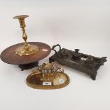 A Regency deskstand, the central taperstick with a butterfly handle, 32 cm wide, a petal base