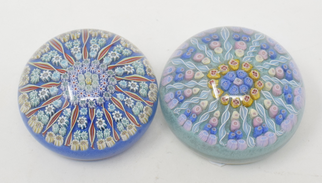 A Perthshire Millefiori glass domed paperweight, and another similar Perthshire paperweight (2)