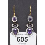 A pair of drop earrings, set amethysts, seed pearls and diamonds