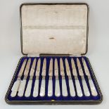 A set of twelve silver and mother of pearl fruit knives, Sheffield 1912, cased