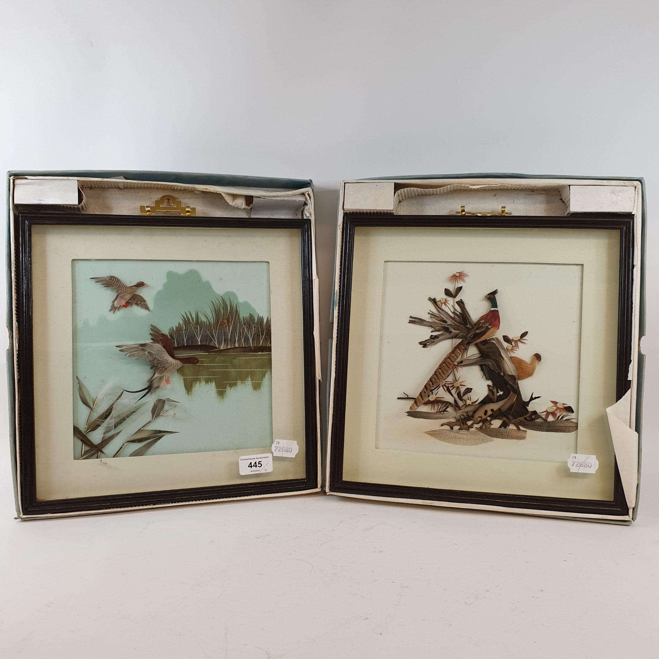 A pair of feather pictures, rising ducks, and pheasants, in ebonised frames, 31.5 cm wide (2)