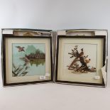 A pair of feather pictures, rising ducks, and pheasants, in ebonised frames, 31.5 cm wide (2)