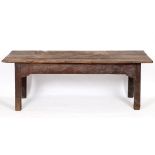 A 19th century oak and elm farmhouse kitchen table, with a three plank top and chamfered square