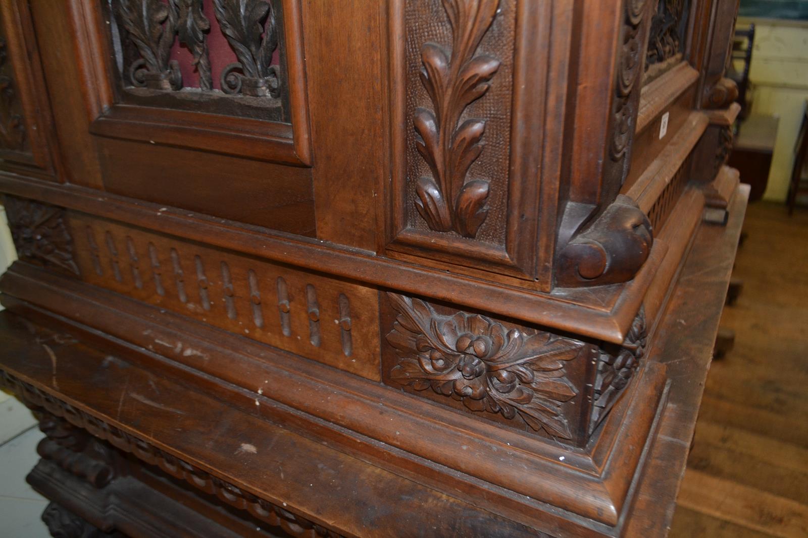 A late 19th/early 20th century walnut cabinet on stand, carved figural caryatids, bell flowers and - Image 4 of 5