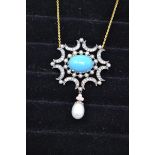 A 9ct gold, silver, turquoise and diamond necklace