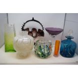 A textured clear and green glass vase, of tapering square form, 25.5 cm high, and six other items of