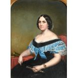 English school, mid 19th century, a three quarter length portrait of a lady seated, holding a fan,
