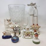 A large cut glass pedestal vase, 30 cm high, a Lladro group of two nuns, other ceramics and glass (