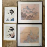 A pair of Japanese woodblock type prints, 23 x 17 cm, and four other pictures (6)