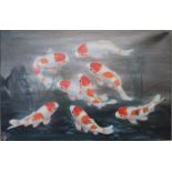 Koi carp swimming, oil on canvas, 60 x 90 cm canvas torn to corners, some crazing