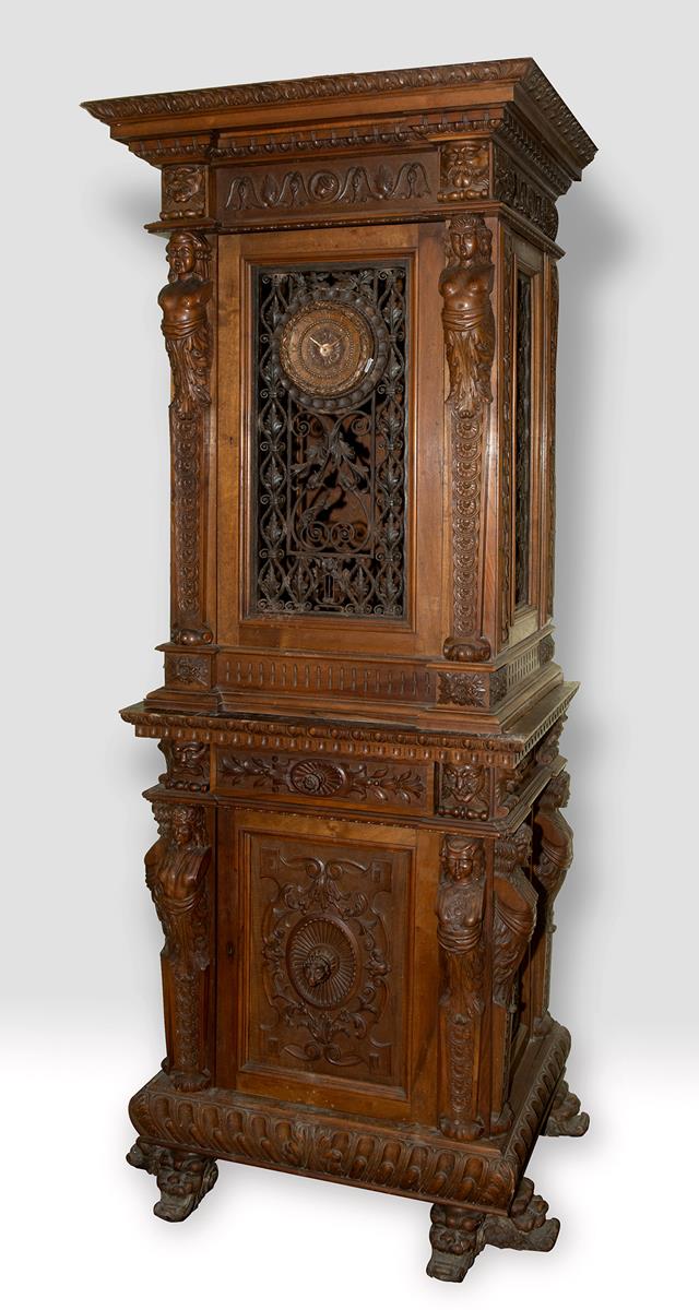 A late 19th/early 20th century walnut cabinet on stand, carved figural caryatids, bell flowers and - Image 2 of 5