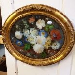 A reverse painting on glass, fruit and flowers, 44 x 36 cm, oval, and another similar, 36 x 44 cm,