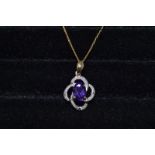 A 9ct gold, amethyst and diamond necklace chain 20.5 cm (41 cm), pendant 2.5 cm, 23 cm overall