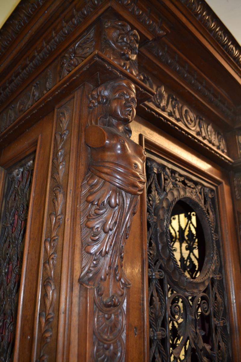 A late 19th/early 20th century walnut cabinet on stand, carved figural caryatids, bell flowers and - Image 5 of 5