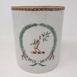 An 18th century Chinese export Armorial porcelain large mug, polychrome painted with the Arms of
