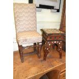 An 18th century style child's joined oak chair, on turned legs, and a low table, with bone inlay,