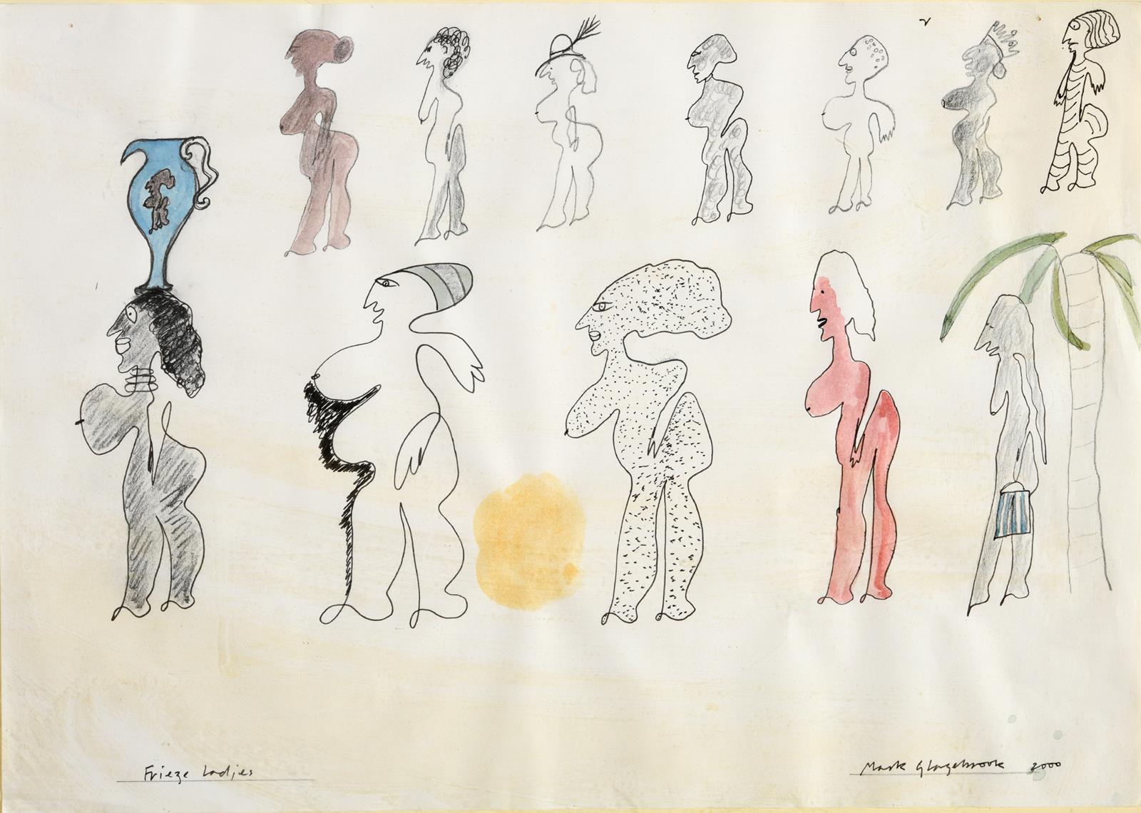 Mark Glazebrook (1936-2009) Frieze Ladies, ink, watercolour and pencil, signed, inscribed and