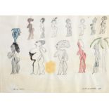 Mark Glazebrook (1936-2009) Frieze Ladies, ink, watercolour and pencil, signed, inscribed and