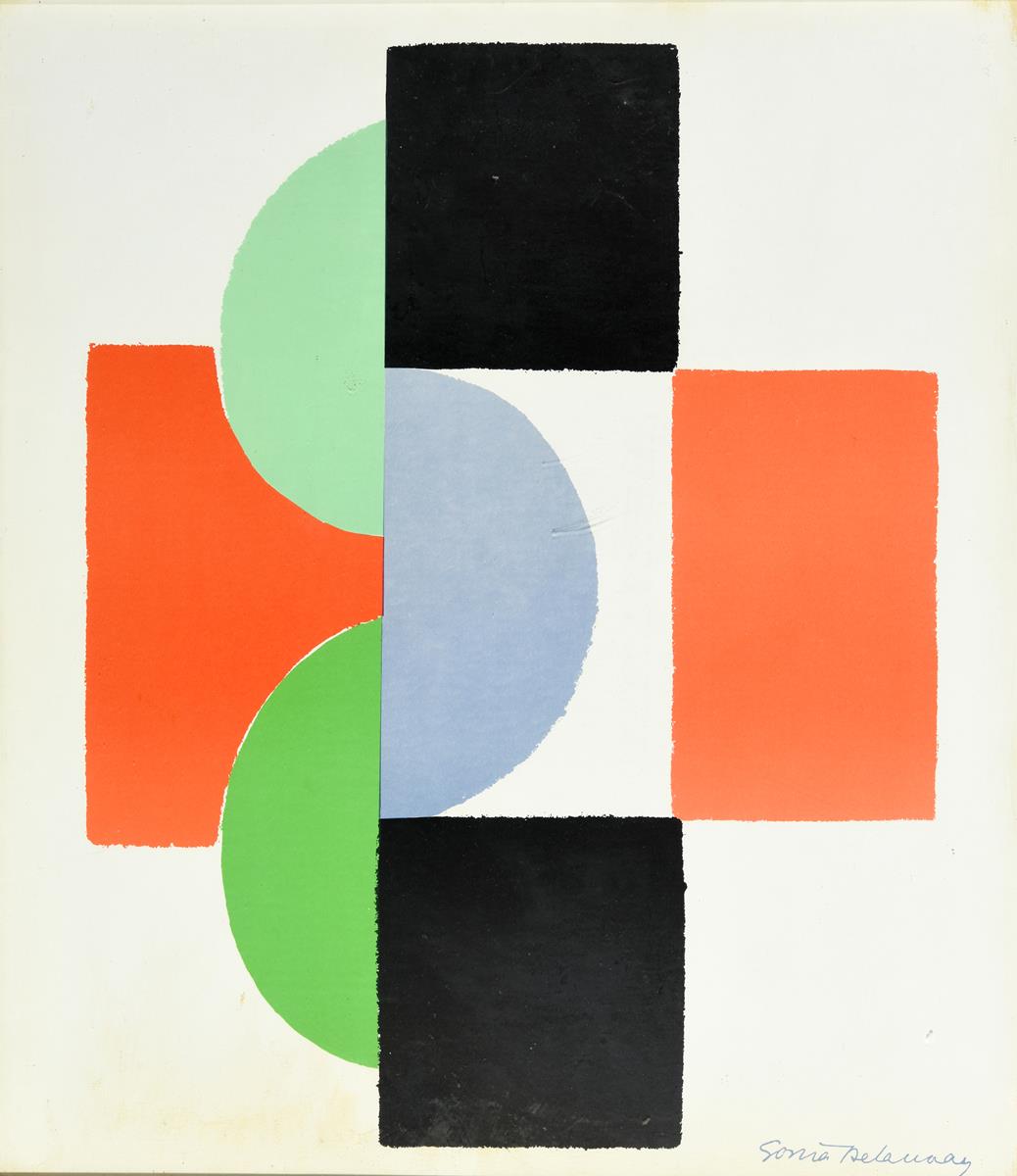 Sonia Delaunay (1885-1979), untitled composition in red, black, grey and green, colour lithograph,
